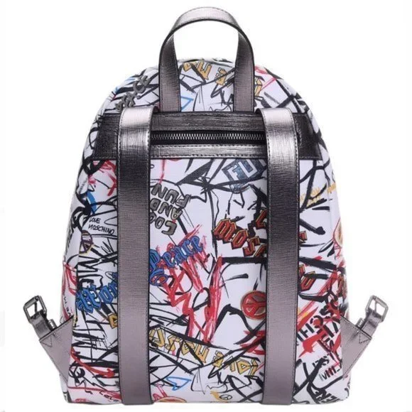 LOVE MOSCHINO White Graffiti Leather Backpack - Picture 2 of 15
